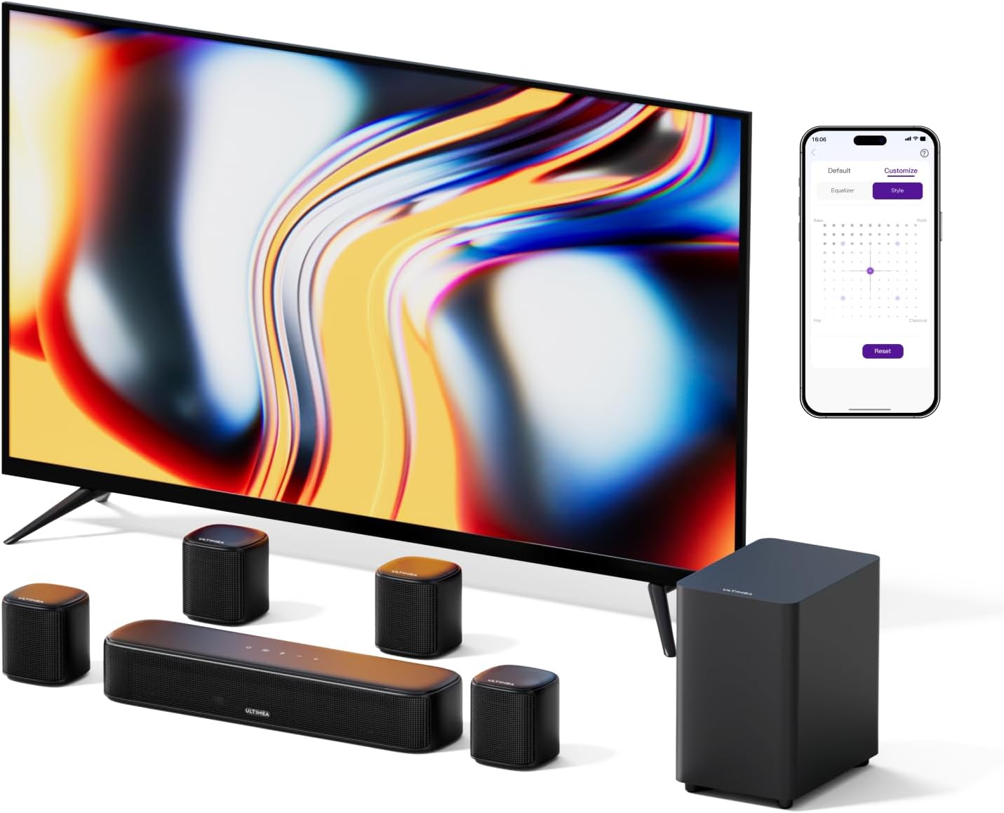 ULTIMEA 7.1ch Sound Bar with Subwoofer, Virtual Surround Sound System for TV, Sound Bar for Smart TV with 4 Surround Speakers, Peak Power 330W, TV Soundbar with App Control, Opt/AUX/BT, Aura A40