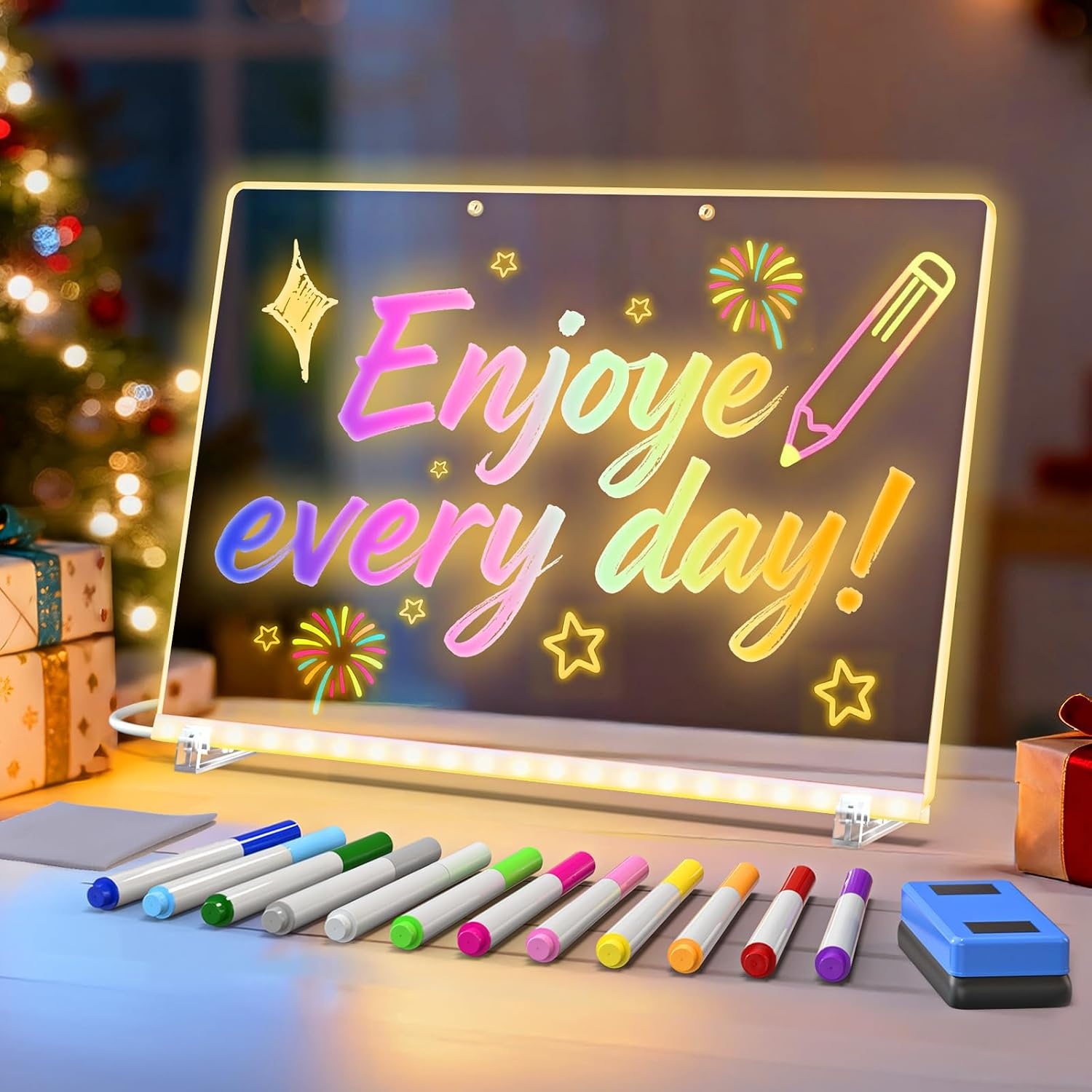LED Drawing Board for Kids - 13.7x10.6 Inch, rasable Acrylic Doodle Pad, Display Booths，with 12 Fluorescent Markers,Stand,4 Modes & 7 RGB Colors - Creative Fun & Christmas Gift for Grandkids